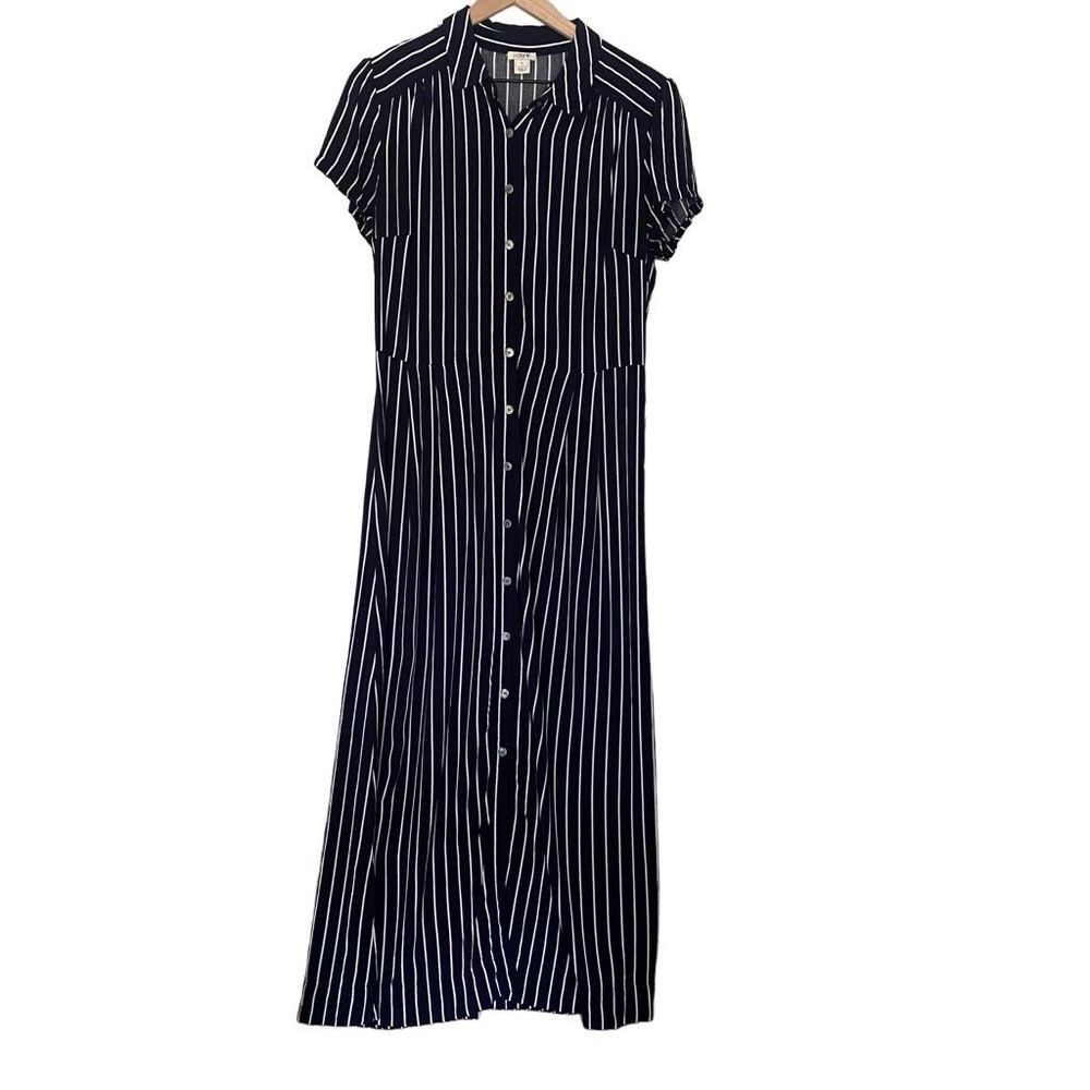 J. Crew Medium Blue White Stripe Maxi Shirt Dress Long Short Sleeve
